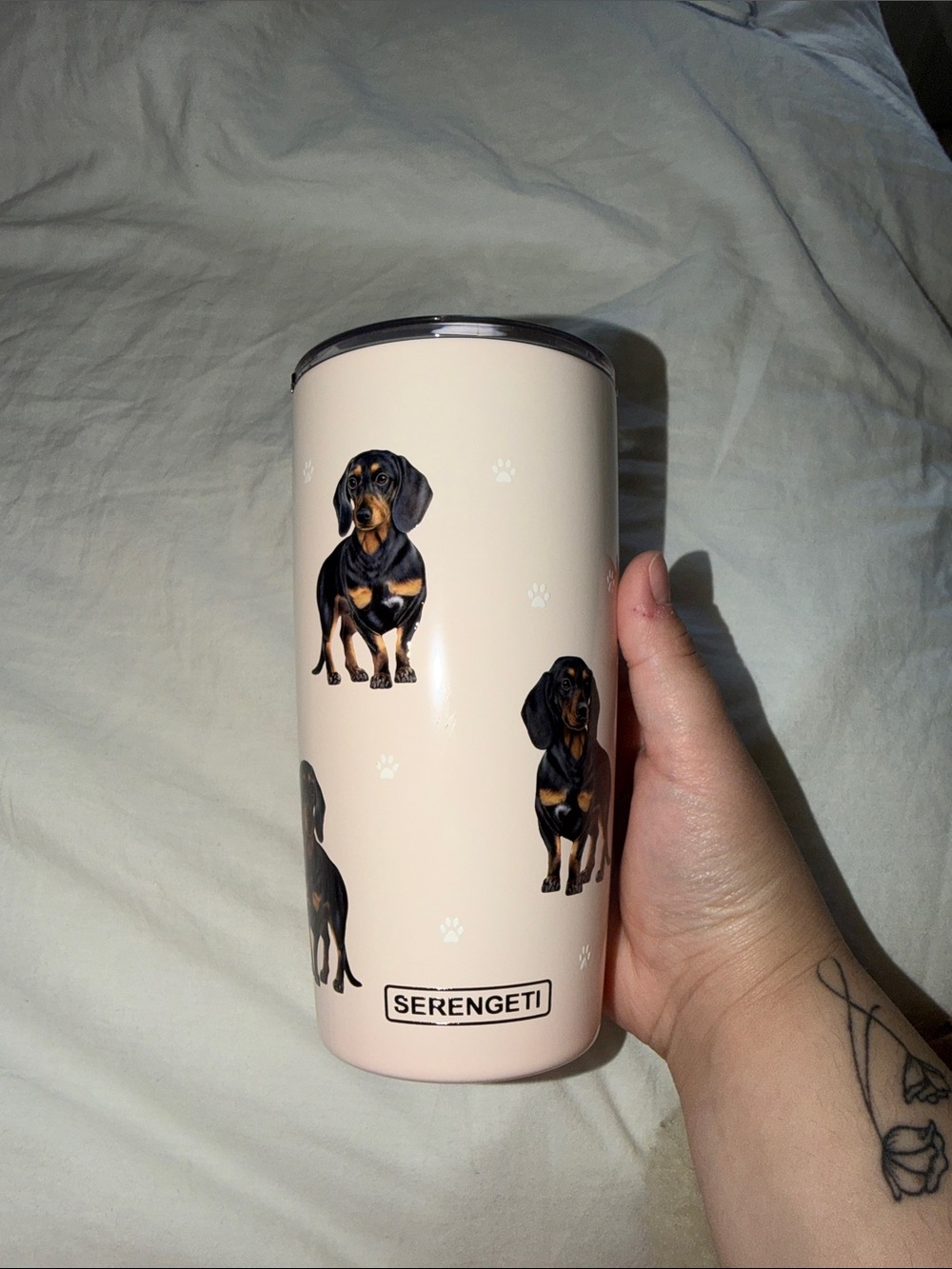 Serengeti Cream Pink Tumbler with Dachshund Motif